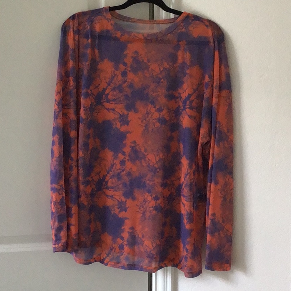 Oversized orange and blue marbled sheer long sleeve top, size large